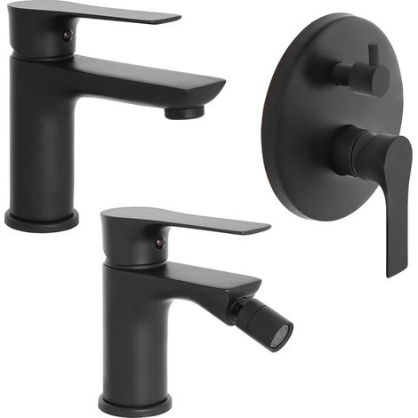 Set miscelatori lavabo bidet e doccia con deviatore Flat nero opaco