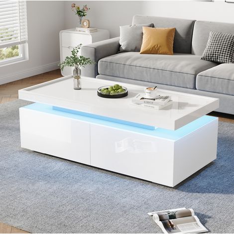 Table basse 95x45x35 cm blanc en panneau de particules avec LED, 2 tiroirs et rangement (1/5)
