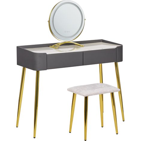 Tocador LED gris dorado blanco 100 x 35 cm MDF 2 cajones espejo taburete Surin (1/5)