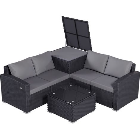 HOMAVO Salon de Jardin comprenant : canapé, table basse, coffre de rangement et housse de protection, conçu pour jardin, balcon et terrasse.