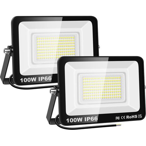 2 Pcs Projecteur LED Extérieur 100W 10000LM, 6000K Blanc Froid Spot LED Extérieur, IP66 Étanche Lumière Eclairage de Sécurité pour Patio Jardin Garage Entrée Terrasse Cour, Sans prise (1/5)