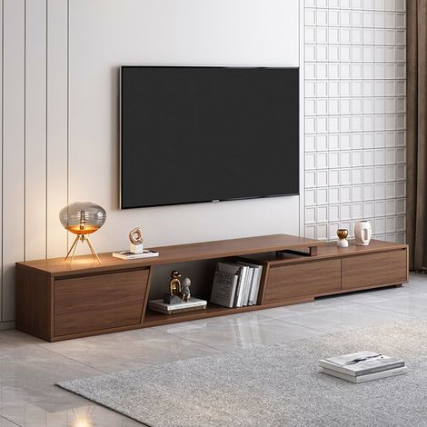 Meuble TV extensible et pliable en placage noyer avec 3 tiroirs spacieux, adapté aux écrans de 71 à 110 pouces.