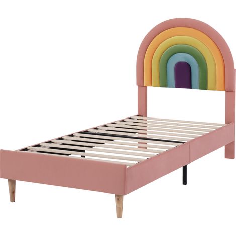 Lit capitonné 90x200 cm en velours rose avec sommier à lattes et tête de lit réglable (1/5)