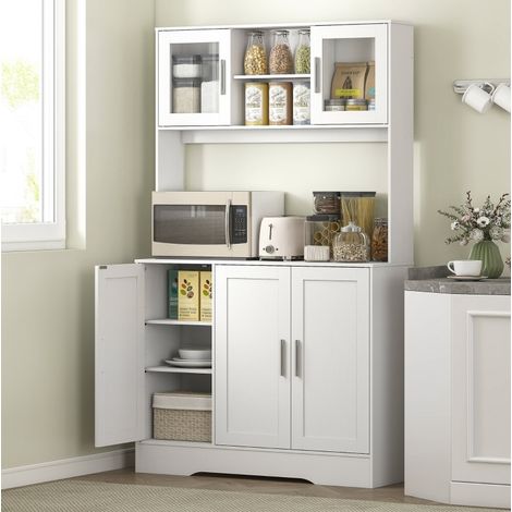 Mueble de cocina alto blanco 108 x 35 x 180 cm, puertas de vidrio, estantes regulables HAVRYA (1/5)