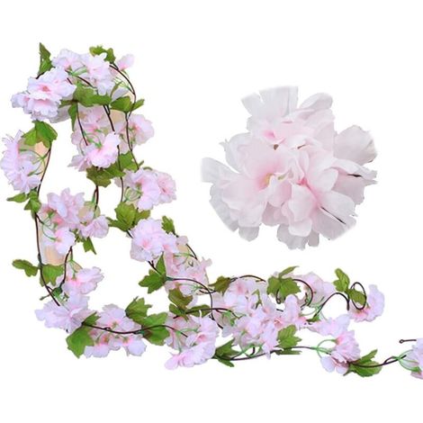 2 Pack 230cm Faux Cerise Vigne Fleurs Plante Artificielles Lierre Suspendu Guirlande de Soie aux Feuilles Vertes pour Intérieur Extérieur Accueil Hôtel Jardin Fête Mariage Art Décor (Rose) (1/5)