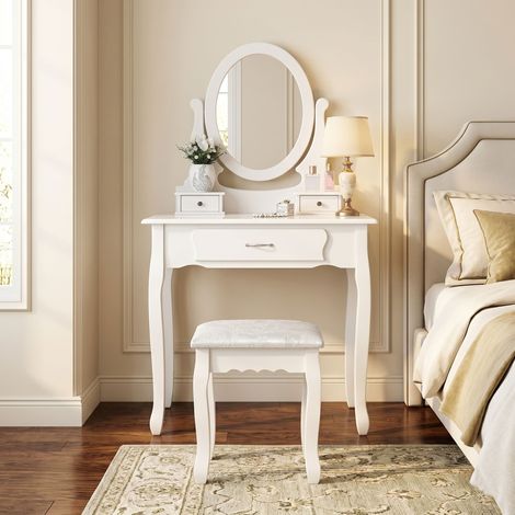 Coiffeuse avec Miroir Oval et Tabouret, Vintage Ensemble de Coiffeuse avec 3 Tiroirs pour Chambre à Coucher, Miroir Pivotant à 360°, 75x40x136 cm, Blanc (1/5)