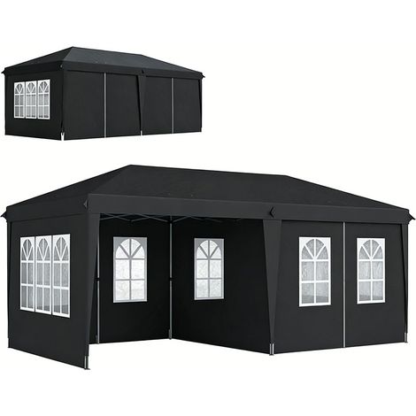 2er-Set pavillon ca. 3x6m Wasserdicht Pop-up Faltpavillon mit 4 Seitenwänden, Fenster UV-Schutz Tragetasche Schwarz