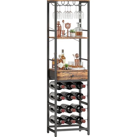 Meuble bar à vin avec casier à verres et tiroir, casier à vin 12 bouteilles avec étagère ouverte, marron rustique (1/4)