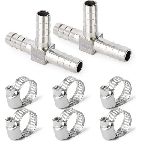 2 piezas de conector en T de púas de acero inoxidable de 10 mm para manguera, racor en T de 3 vías de acero inoxidable SUS 304 con 6 abrazaderas.