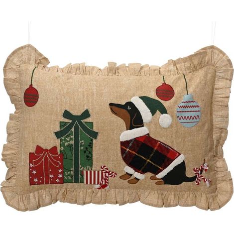 Cuscino Natalizio Bassotto Beige 50x30 cm in Cotone con Ricamo e Volant