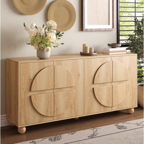 Aparador 160x38x76 cm con 4 puertas, 2 compartimentos, estantes ajustables, estilo madera natural, patas de madera (1/5)