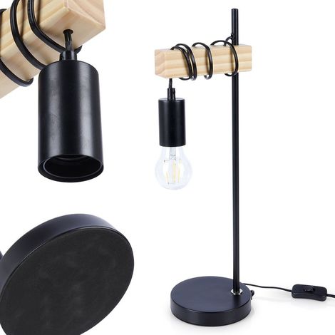 Nachttischlampe für Schrank, Metalllampe, Holzlampe, Schwarzer Loft-Stil (1/5)