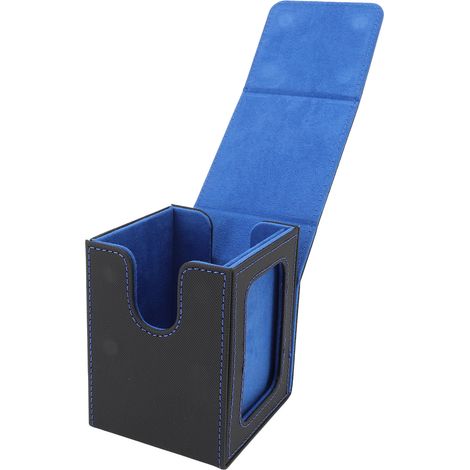 Boîte rangement cartes à jouer double étage cuir PU imperméable ouverture large en U aimantée noir bleu (1/5)