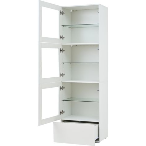 Vetrina alta bianca 60 x 40 x 173 cm con LED, 3 porte acriliche, 3 ripiani in vetro e 1 cassetto (1/5)