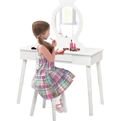 Goplus – Coiffeuse enfant avec miroir et tiroir – Dimensions 70x34x100 cm – Corps en MDF et pieds en bois de pin – Tabouret rembourré confortable
