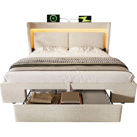 Lit coffre 160x200 cm rembourré avec tête de lit de rangement, LED, USB et USB-C, structure bois et métal, beige, sans matelas, hydraulique  CHICFURN (1/5)
