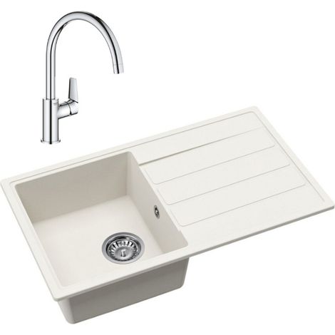 76x44 cm évier avec égouttoir réversible en Granite, à encastrer, blanc + mitigeur lavabo/cuisine Grohe StartEdge (SATSE3WG313)