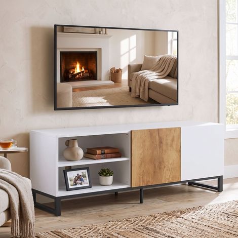 Meuble TV pour téléviseurs jusqu'à 55 pouces, meuble bas moderne avec étagères réglables, blanc (1/5)