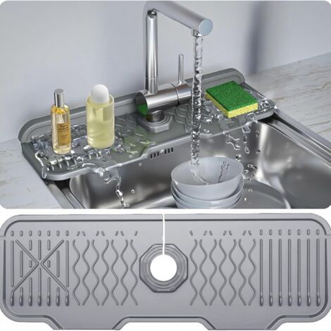 Tapis de robinet en silicone 17" x 5,9", conception en pente de 5 degrés, drainage rapide, tapis pliable, essentiels de cuisine et de salle de bain (gris) (1/5)