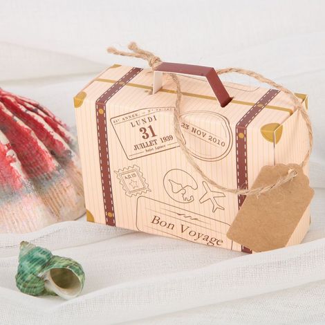 Set mit 50 Vintage-Geschenkboxen in Kofferform, ideal für eine Party oder Hochzeit mit Reisemotto. (1/5)