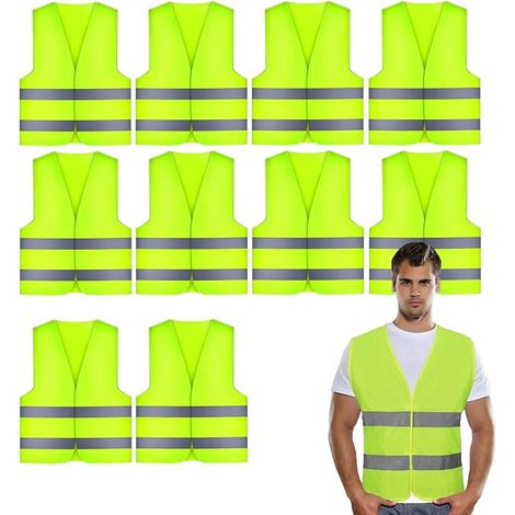 10 x Yellow Reflective Safety Vest, High Visibility Fluorescent Reflective Vest for Men and Women, Universal Size, 360° Reflective, for Unisex Drivers (1/5)