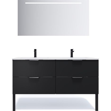 Meuble de salle de bain suspendu double vasque intégrée 140cm 4 tiroirs Noir + miroir - Soho (1/5)