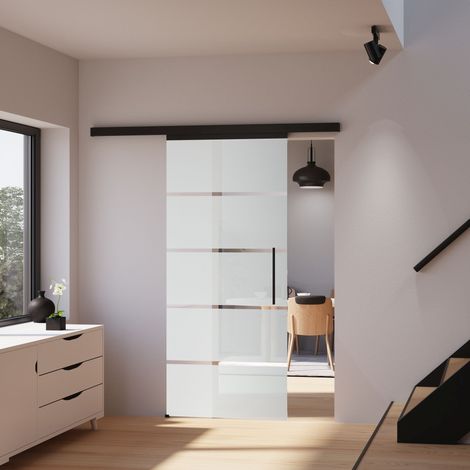 Tür Schiebetür Glas Blockstreifen 900 x 2035 Zimmertür Glasschiebetür Glastür schwarze Beschläge - Stabgriff + 2 seitiger Softclose