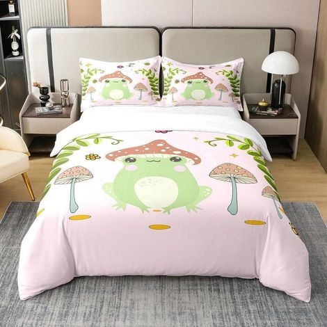 Bettwäsche-Set 220x240cm 100% Baumwolle mit 2 Kissenbezügen 80x80cm Frosch Pilz Design