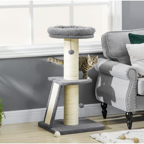 Albero tiragraffi per gatti con piattaforma, sisal e 2 giochi pendenti 48x48x92 cm OKMYHOME (1/5)