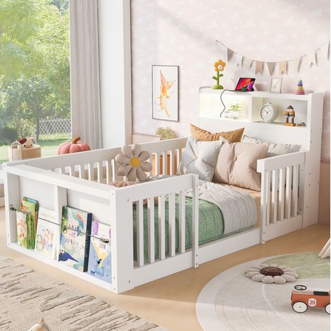 Lit simple enfant 90x190 cm en bois blanc, gain de place pour chambre, sans matelas FloraGrace (1/5)