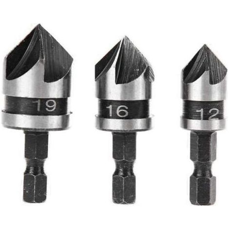 3-teiliges 90-Grad-Fasenfräser-Set mit 5 Schneiden für Holz und Metall, Schnellwechsel 1/4" Sechskant, Kohlenstoffstahl-Fasenfräser, Holz-Fasenschneidwerkzeug 12/16/19mm (1/4)