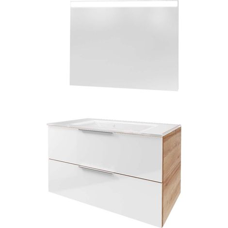 Fackelmann B. BRILLANT Badmöbel Set 3-teilig 100 cm, Weiß Glas/Braun hell, Glas Weiß + LED-Spiegel"-"90318145 (1/4)