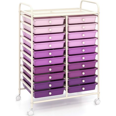 Chariot de rangement mobile 63 x 37 x 87 cm avec 20 tiroirs colorés pour bureau et maison en métal violet