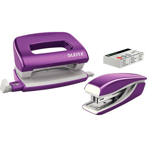 Set avec Mini-Agrafeuse & Mini-Perforateur, Agrafage ou Perforation jusqu'à 10 Feuilles, Agrafes P2 N°10 Incluses, WOW, Violet (1/5)