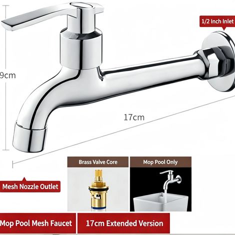Robinet mural en acier inoxydable (chrome D), robinet extérieur à long bec pour buanderie, robinet pour évier à serpillière et machine à laver (1/5)
