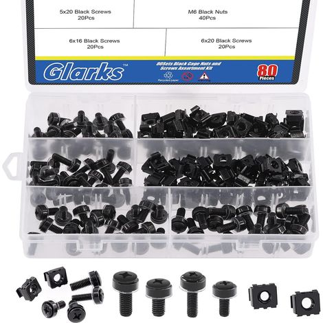 Lot de 80 Ensembles M5/M6 - Vis et Écrous de Cage avec Rondelles pour Rack de Serveur et Armoire - 16/20 mm (Noir) (1/5)