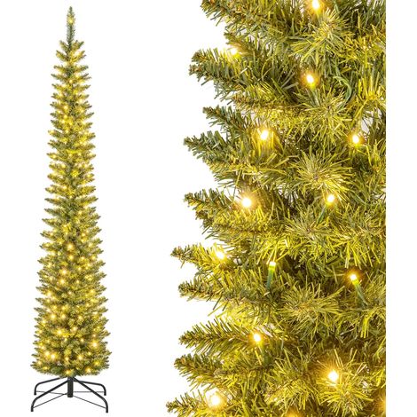 COSTWAY Albero di Natale Slim da 150/180/210 CM, Albero di Natale Artificiale con 296/390/499 Punte di Ramo, 150/180/200 Luci LED Bianche Calde, Supporto Pieghevole in Metallo (210 cm) (1/5)