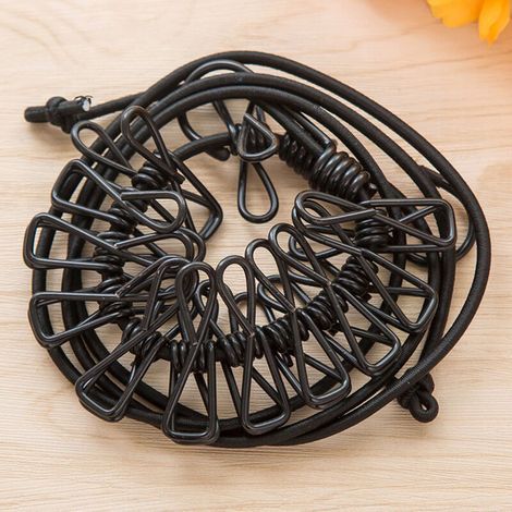 2X - 175 cm par ligne - Corde à linge de camping avec bande élastique réfléchissante - Corde à linge avec 12 pinces métalliques chacune (Noir/Noir) (1/4)