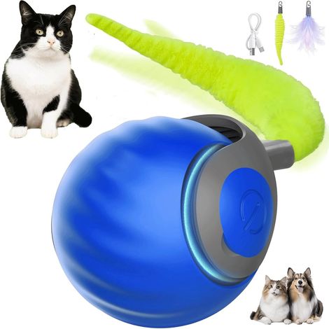 Jouet de Balle Interactif pour Chat, Jouet Interactif avec Queue Remplaçable, Balle Roulante Automatiqu pour Chats et Chiens, Deux Modes Jouet Chien Chargement Rapide USB, Bleu (1/5)