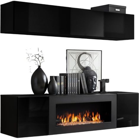 Mobili sospesi con camino decorativo collezione FLY N1. Colore nero.