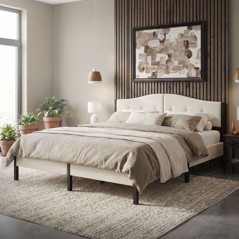 ML-Design Letto Matrimoniale Imbottito 180x200 cm, Struttura Robusta, Giroletto con Testiera Imbottita e Rete a Doghe,Design Moderno, Telaio in Acciaio e Tessuto di Lino, Beige, per Camera da Letto (1/5)