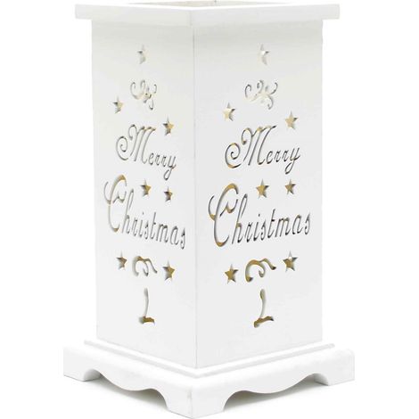 Christmas LED Lantern Candle Flameless Table Top Wooden Holder Engraved Merry Christmas White Battery operated (1/5)