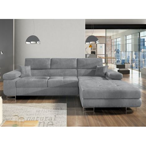 Les Tendances – Canapé convertible d'angle droit velours gris clair 280 cm – Couchage 125x198 cm – Rangement intégré – Pieds en métal chrome poli (1/5)