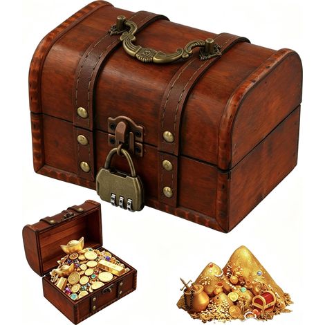 Coffre Trésor Vintage Mini en Bois 16x12x9.5cm, avec Serrure à Combinaison – Petit Coffre de Pirate Boîte à Bijoux, Tirelire Idéale pour Conservation et Décoration, Marron (1/5)