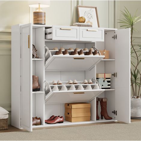 Schuhschrank aus MDF und Spanplatte, weiß, 2 Türen, 2 Schubladen, verstellbare Einlegeböden, 120 x 24 x 107 cm (1/5)