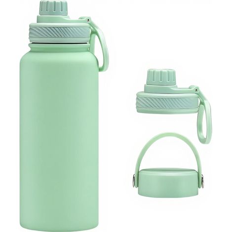 Isolierte Wasserflasche – große Edelstahl-Wasserflasche – 1 Liter, ideal für Sport und Reisen – auslaufsicher und wärmeisolierend – mit 2 Deckeln – perfekt für Fitnessstudio und Wandern – Grün (1/5)
