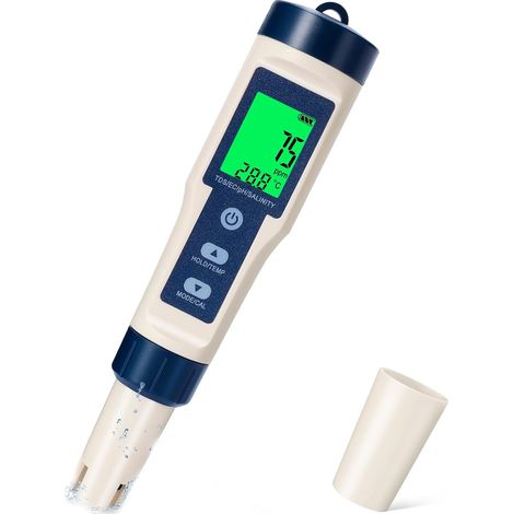 pH Mètre 5 en 1, Testeur de Qualité de l'Eau pour pH/TDS/EC/Salinité/Température, pH Mètre Numérique avec LCD Rétroéclairé et Étalonnage Automatique pour Eau Potable, Hydroponie, Piscine, Aquarium (1/5)