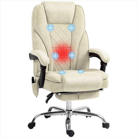 Fauteuil de bureau chauffant et massant en velours beige neutre, inclinaison 135°, repose-pieds rétractable (1/5)