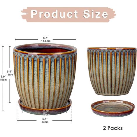 2er-Set Keramik Blumentöpfe mit Untersetzer, 15cm, geripptes Design, Vintage Braun (1/5)
