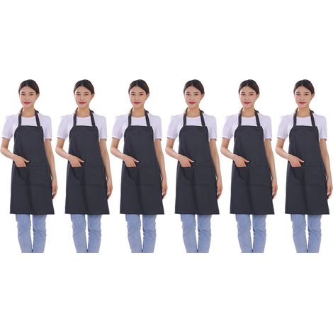 Tablier imperméable léger noir (lot de 6) avec deux poches, pour hommes et femmes, idéal pour les tâches ménagères et la cuisine. (1/5)